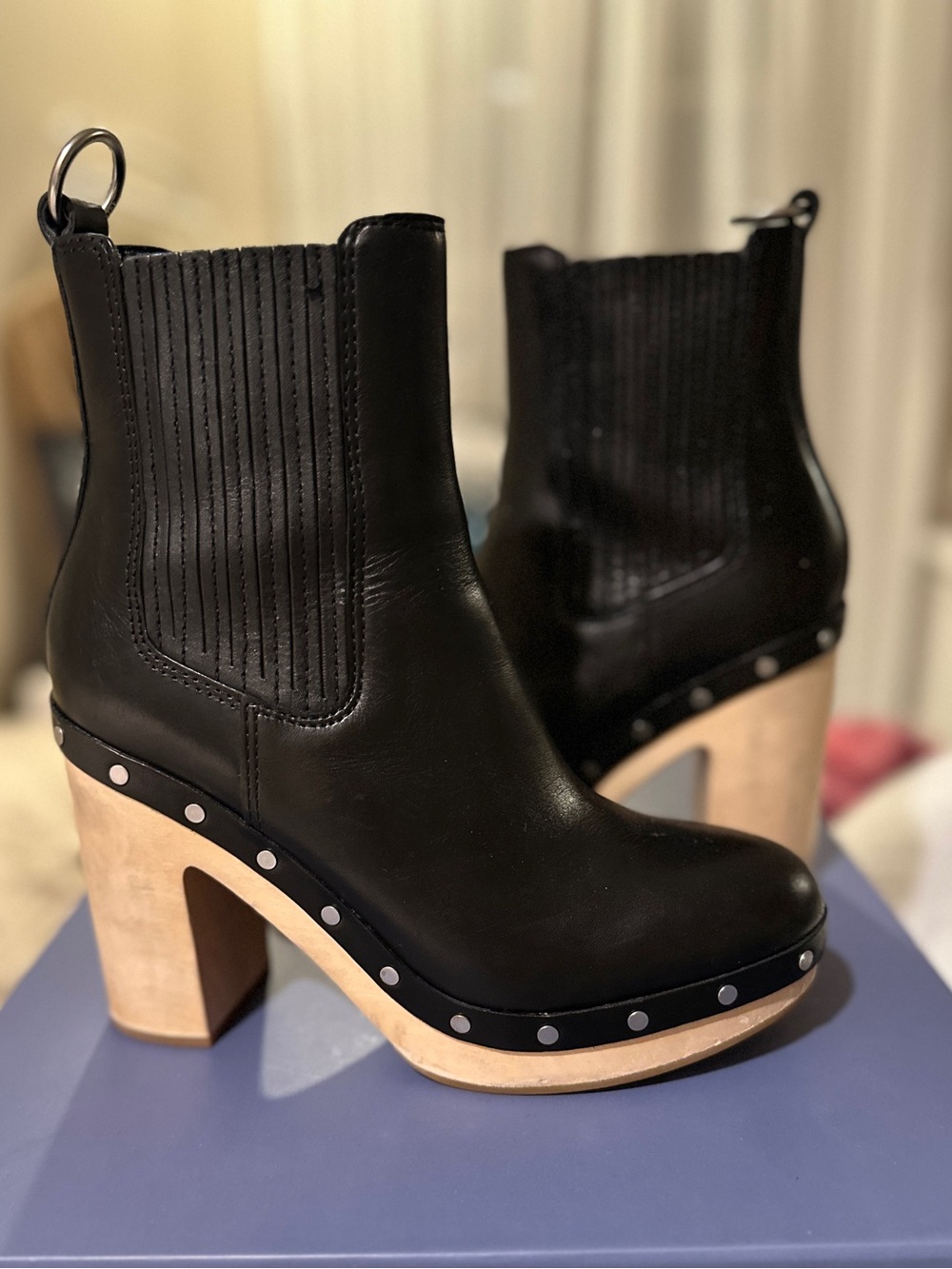 Paige Black Platform Leather Ankle Boots with Wood Heel. In box with dust bag